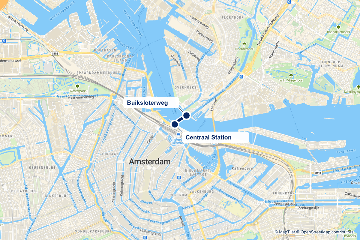 Routekaart van de pontverbinding F3 (Centraal Station ↔ Buiksloterweg) in Amsterdam