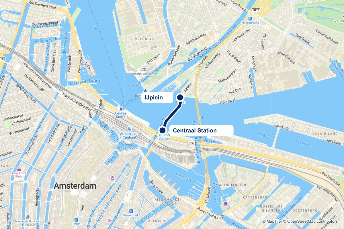 Routekaart van de pontverbinding F2 (Centraal Station ↔ IJplein) in Amsterdam