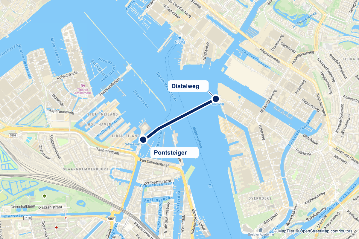 Routekaart van de pontverbinding F6 (Pontsteiger ↔ Distelweg) in Amsterdam