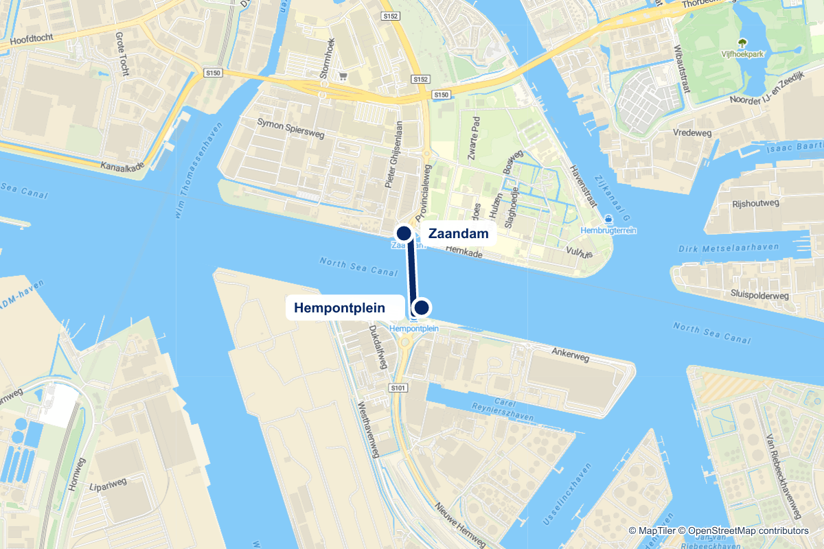 Routekaart van de pontverbinding F20 (Hempontplein ↔ Zaandam) in Amsterdam