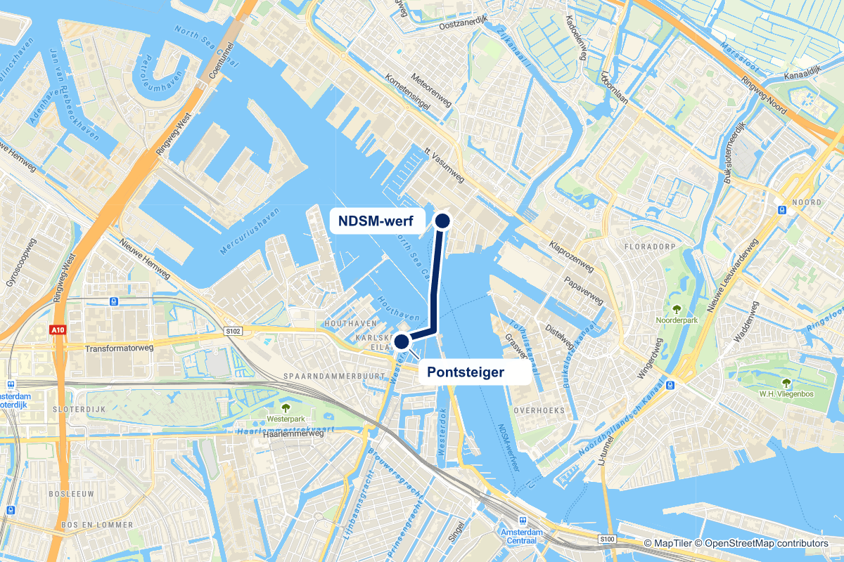 Routekaart van de pontverbinding F7 (Pontsteiger ↔ NDSM) in Amsterdam