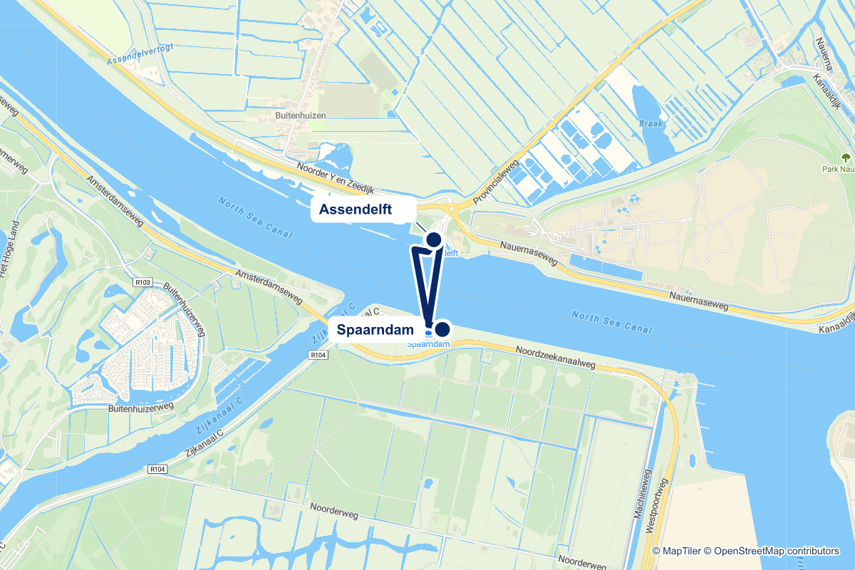 Routekaart van pontstop Assendelft in Amsterdam en de verbindingen vanaf deze stop