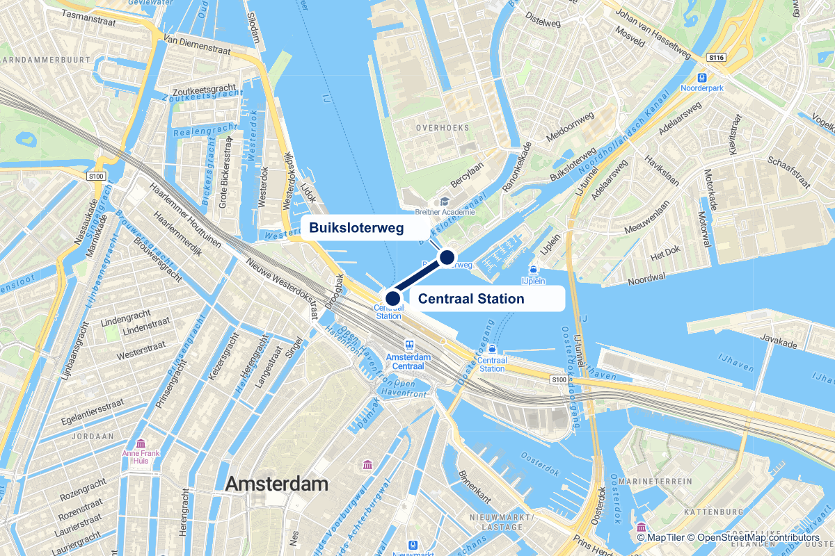 Routekaart van pontstop Buiksloterweg in Amsterdam en de verbindingen vanaf deze stop