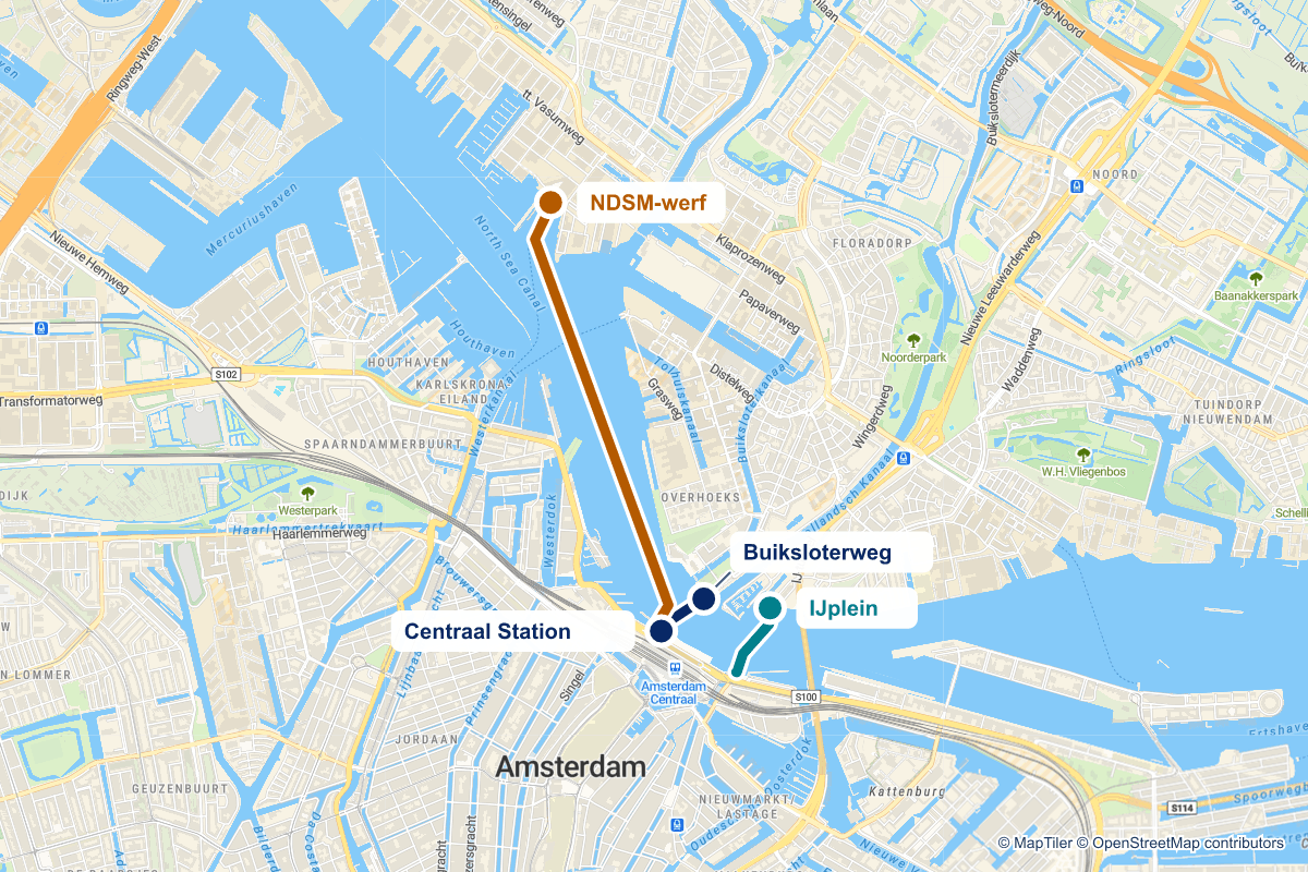 Routekaart van pontstop Centraal Station in Amsterdam en de verbindingen vanaf deze stop