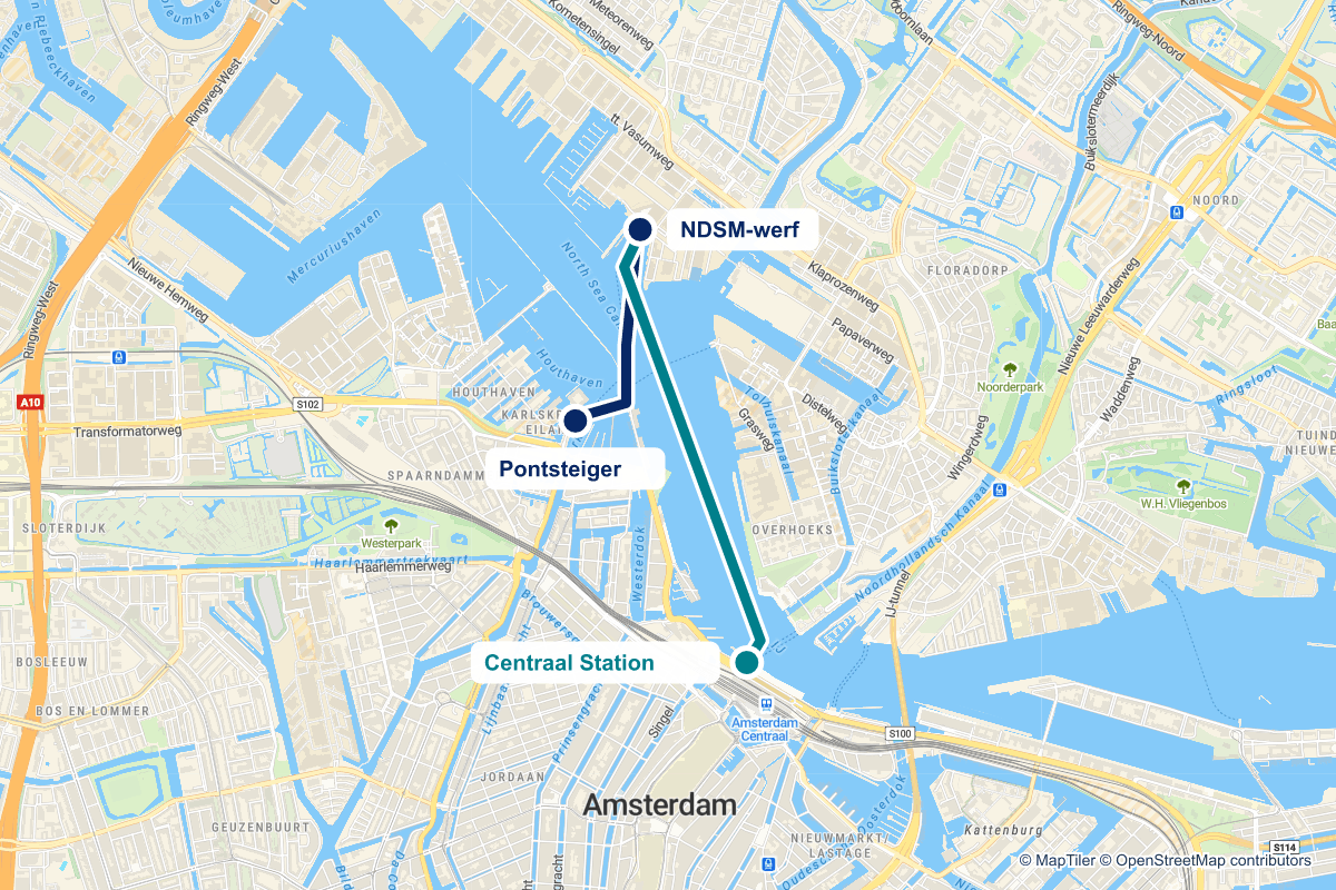 Routekaart van pontstop NDSM in Amsterdam en de verbindingen vanaf deze stop
