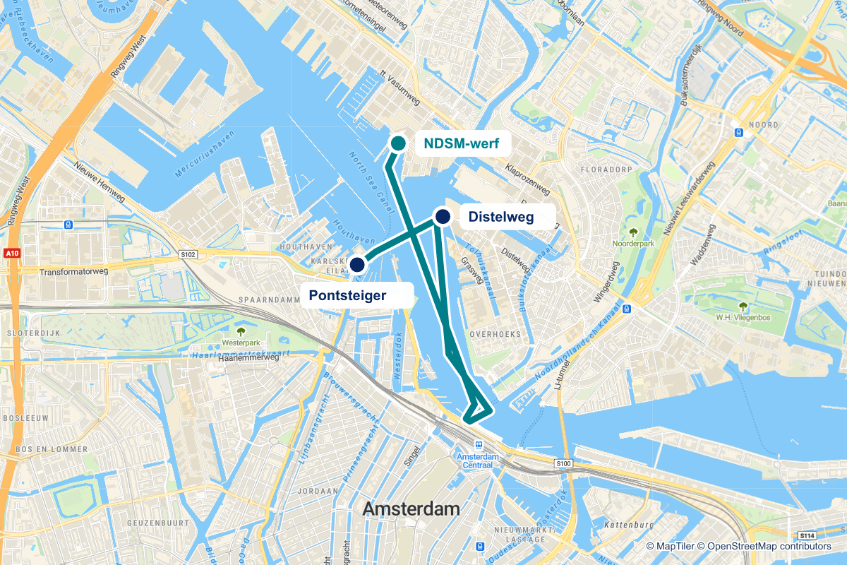 Routekaart van pontstop Pontsteiger in Amsterdam en de verbindingen vanaf deze stop