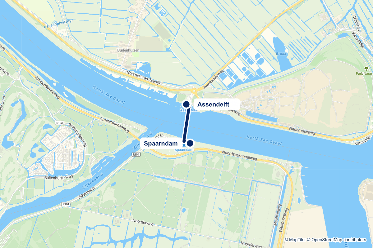 Routekaart van pontstop Spaarndam in Amsterdam en de verbindingen vanaf deze stop
