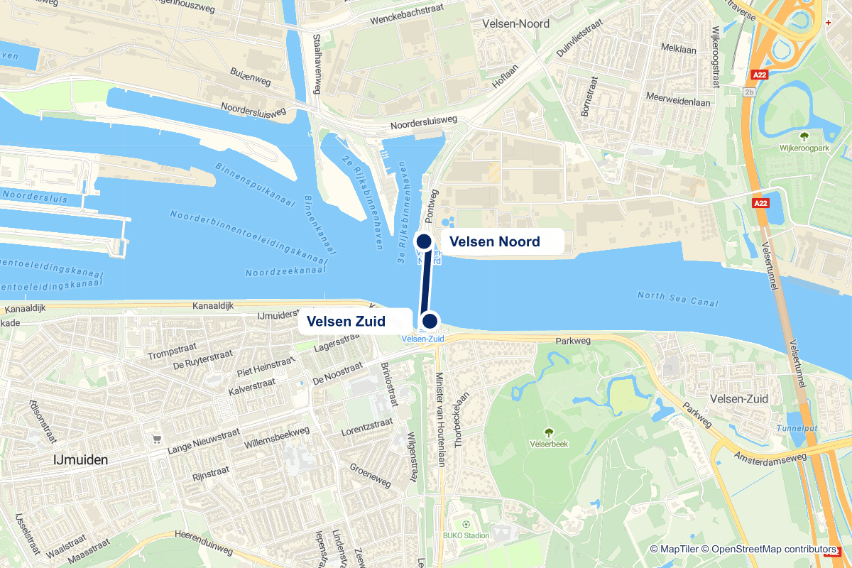 Routekaart van pontstop Velsen Noord in Amsterdam en de verbindingen vanaf deze stop