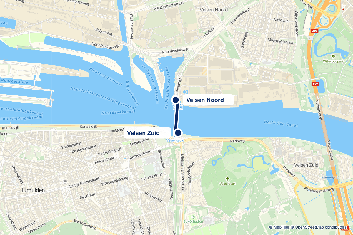 Routekaart van pontstop Velsen Zuid in Amsterdam en de verbindingen vanaf deze stop