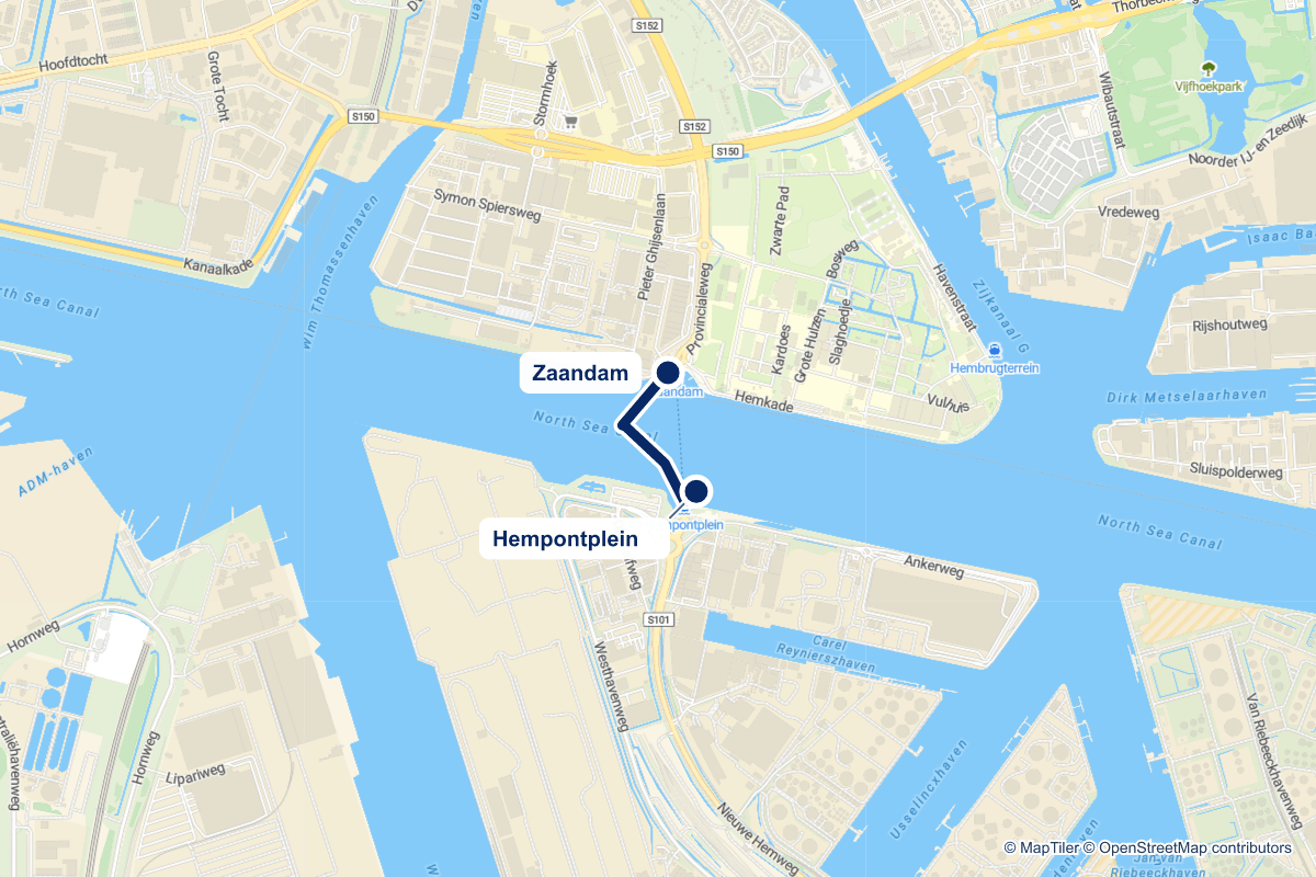 Routekaart van pontstop Zaandam in Amsterdam en de verbindingen vanaf deze stop