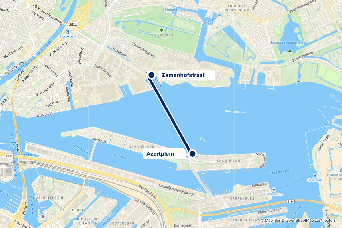 Routekaart van pontstop Zamenhofstraat in Amsterdam en de verbindingen vanaf deze stop