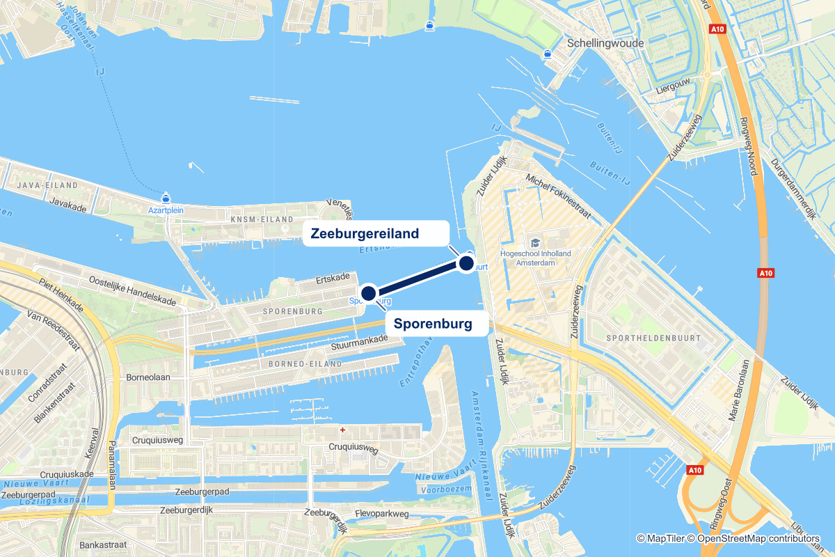Routekaart van pontstop Zeeburgereiland in Amsterdam en de verbindingen vanaf deze stop